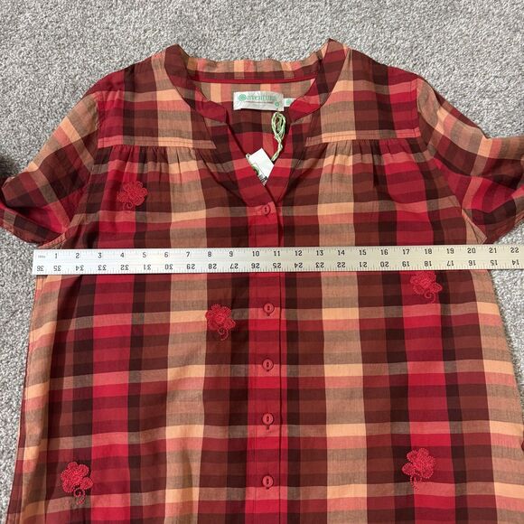 Aventura Shirt Womens Medium Red Plaid Artisan Top Organic Cotton Embroidered - Picture 10 of 11
